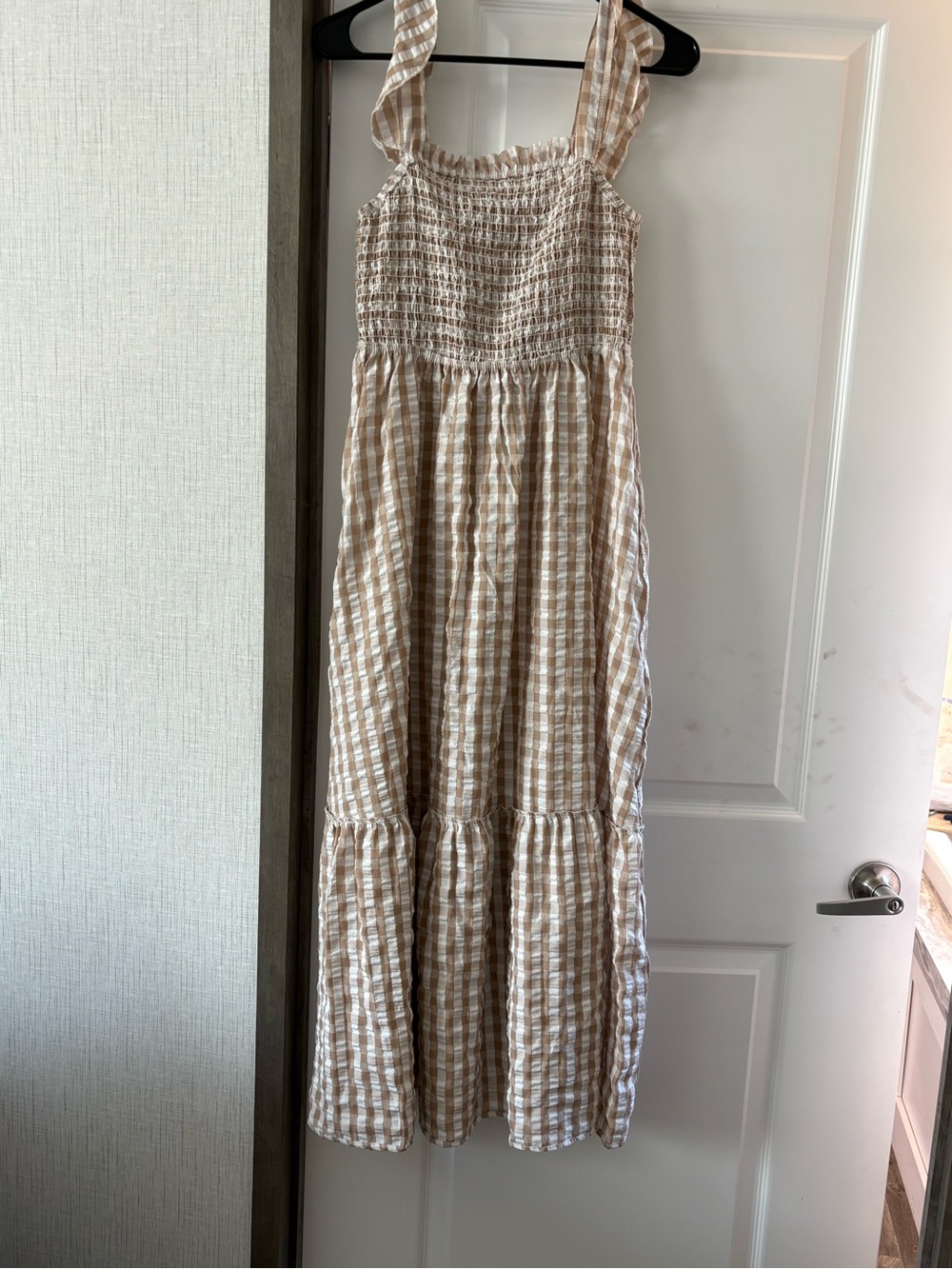 Beige Gingham Smocked Maxi Dress - Women